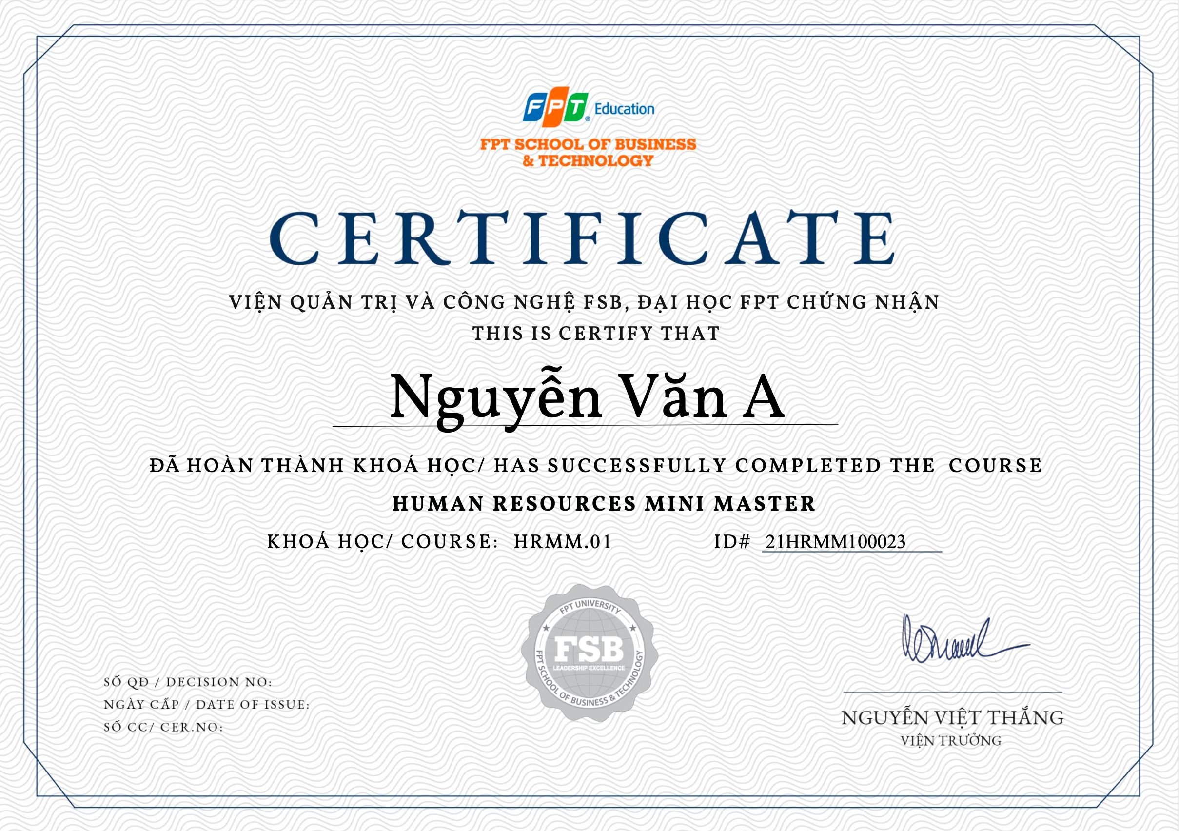 Ảnh chứng nhận HR Mini Master