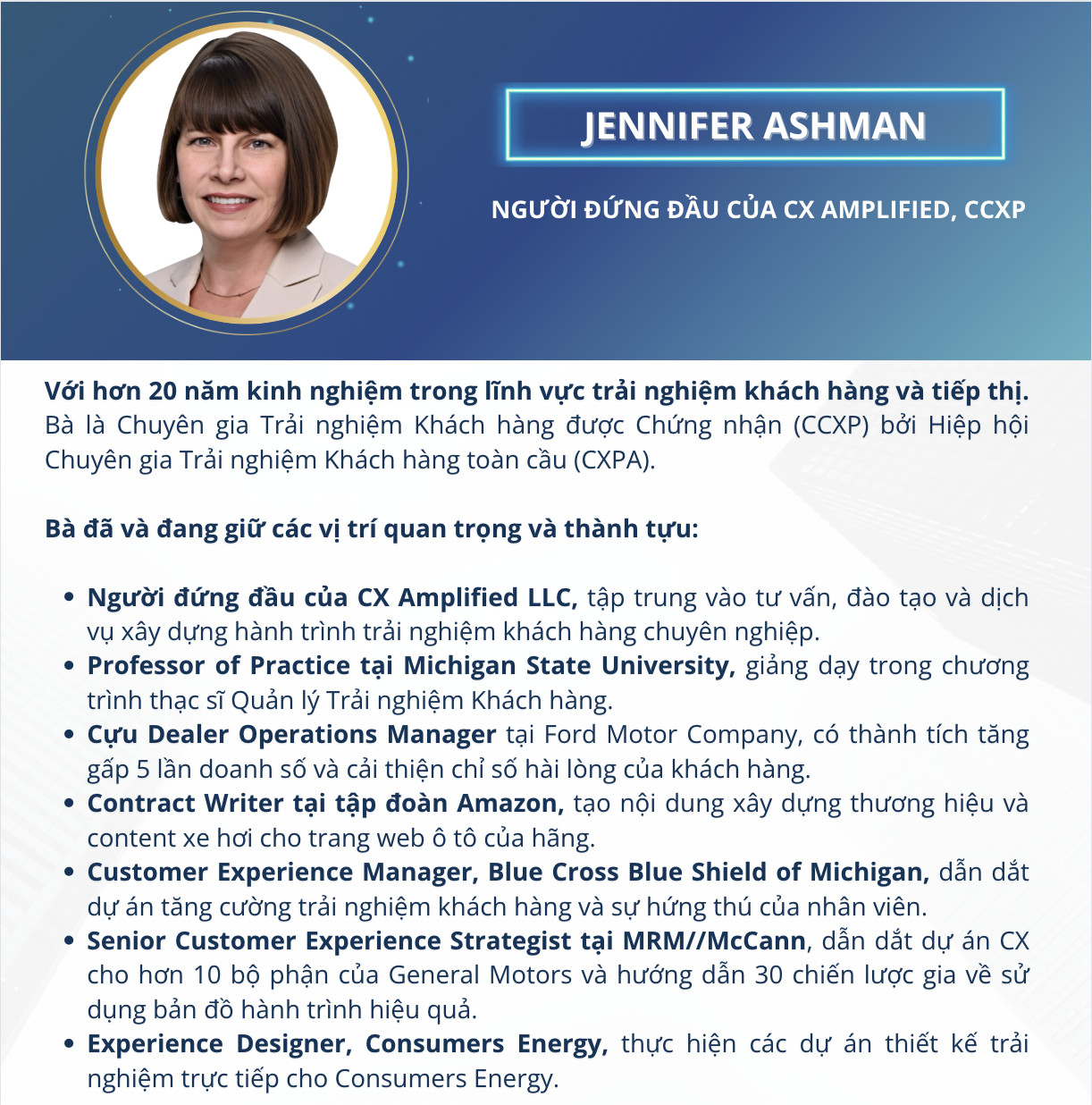 Jennifer Ashman – Người đứng đầu của CX Amplified, CCXP (Giảng viên khóa học CXM - Quản trị trải nghiệm khách hàng MSU & FPT)