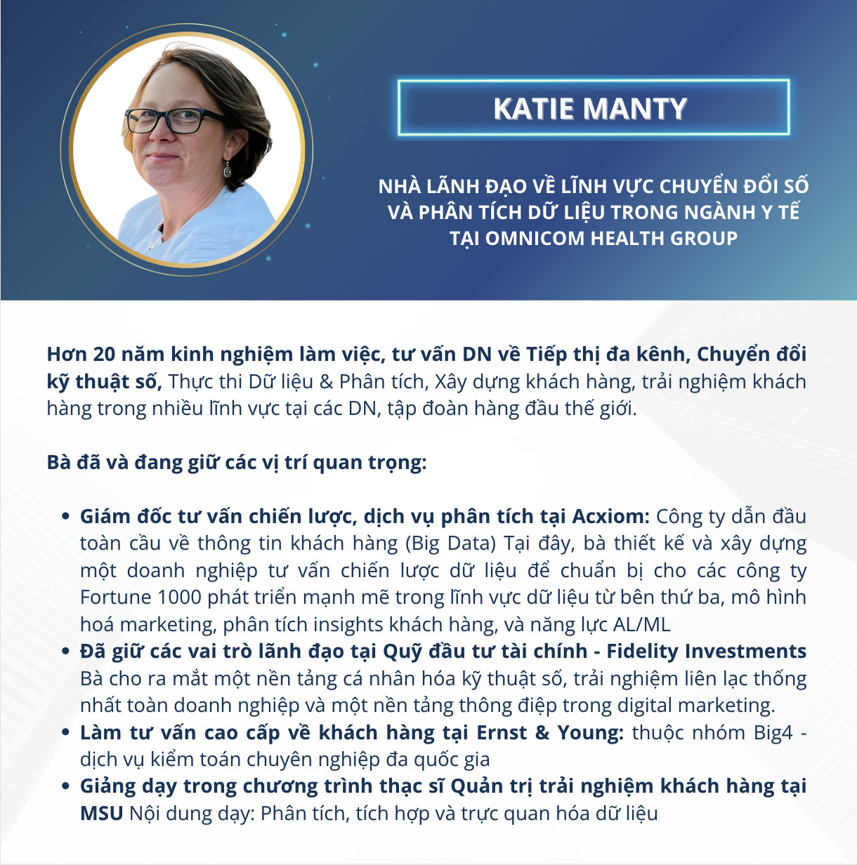 Katie Manty – Nhà lãnh đạo về lĩnh vực chuyển đổi số và phân tích dữ liệu trong ngành y tế tại Omnicom Health Group (Giảng viên khóa học CXM - Quản trị trải nghiệm khách hàng MSU & FPT)