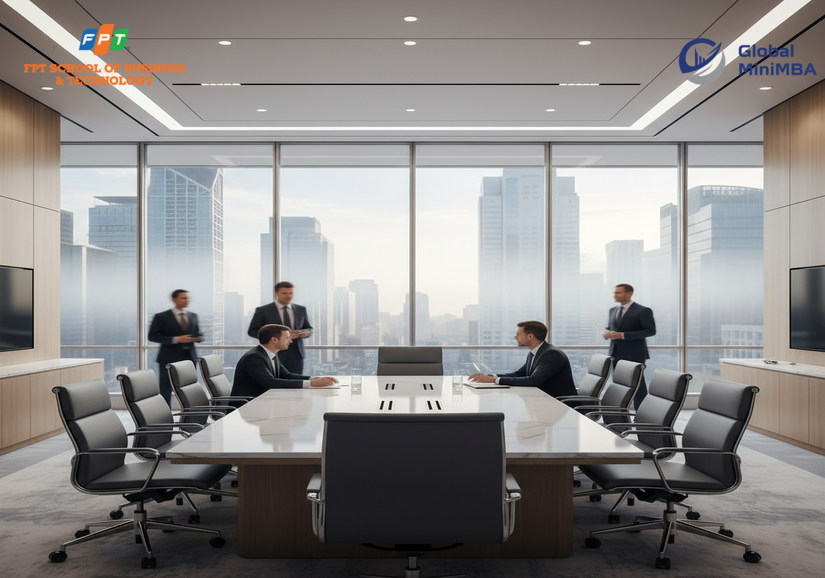 Người quản lý doanh nghiệp họp chiến lược cùng đội ngũ